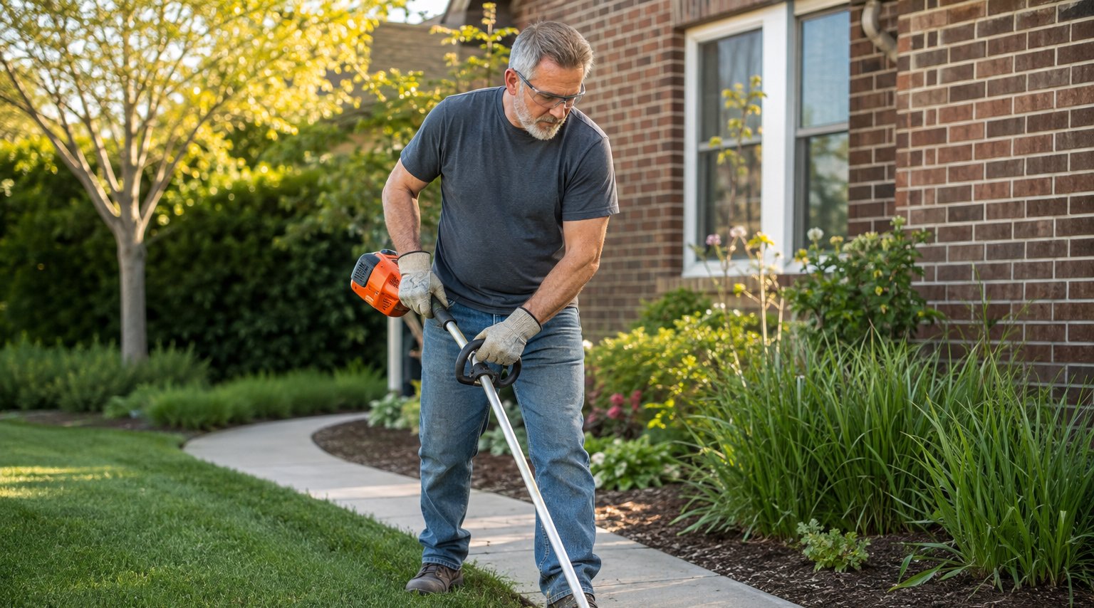 A person edging along a curved walkway beside a planting bed with a string trimmer