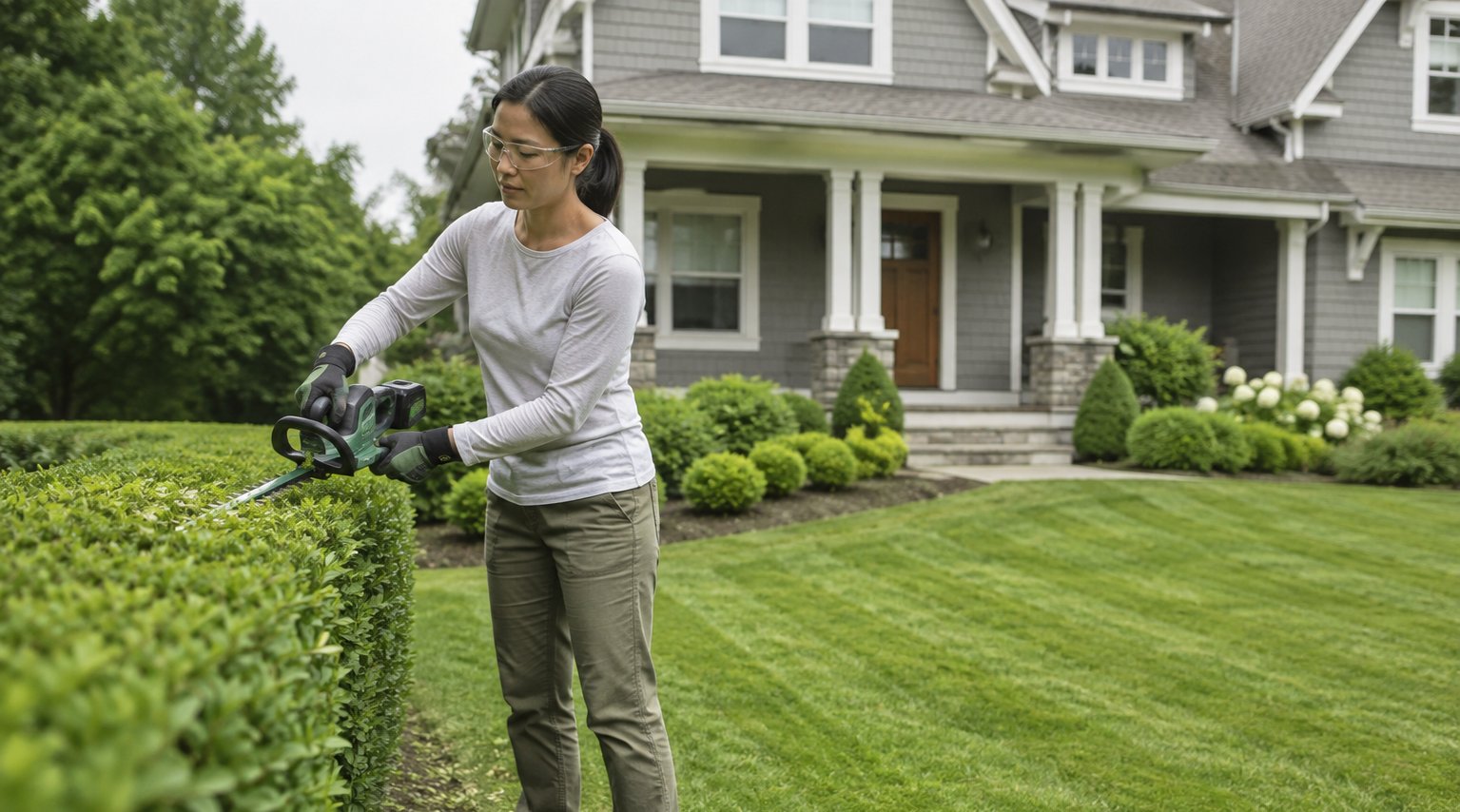 A person trimming a boxwood hedge with powered hedge shears