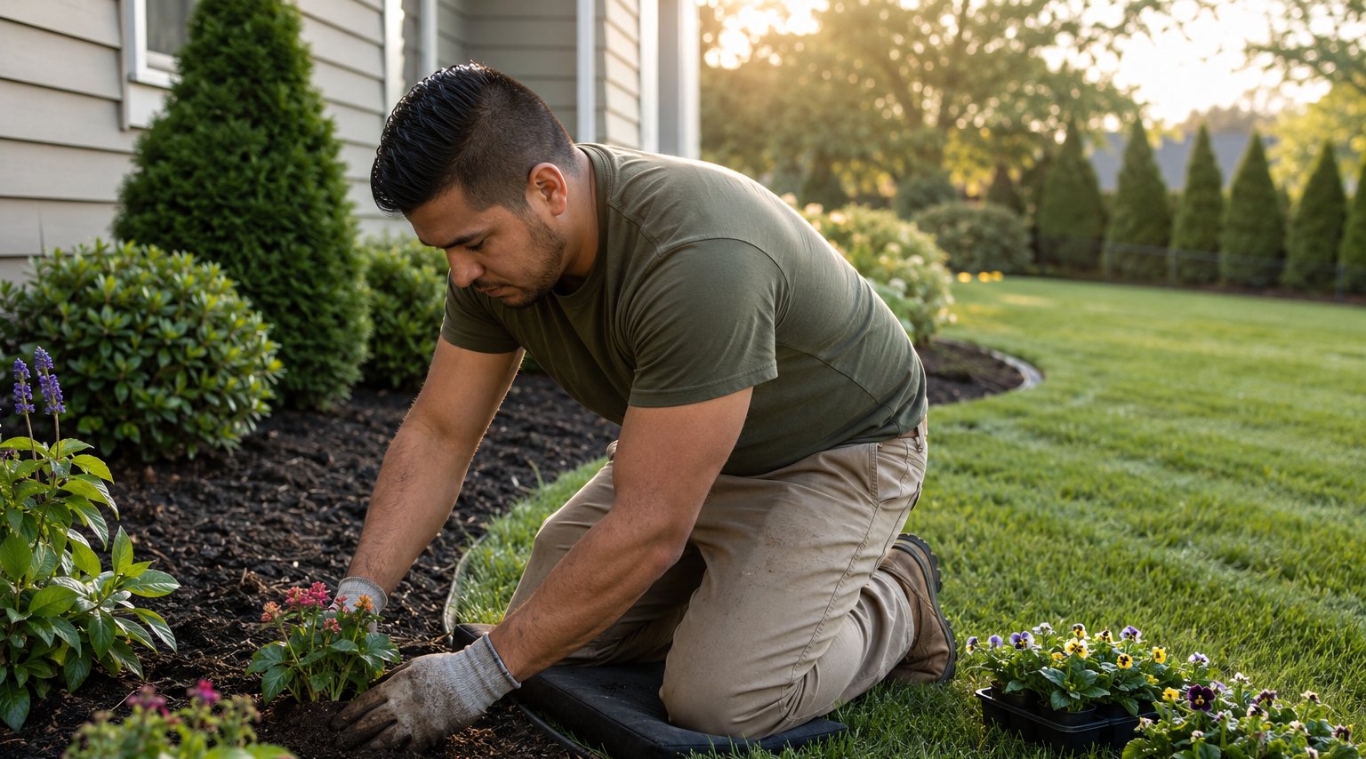 A person kneeling to plant flowers in a mulched bed beside a lawn