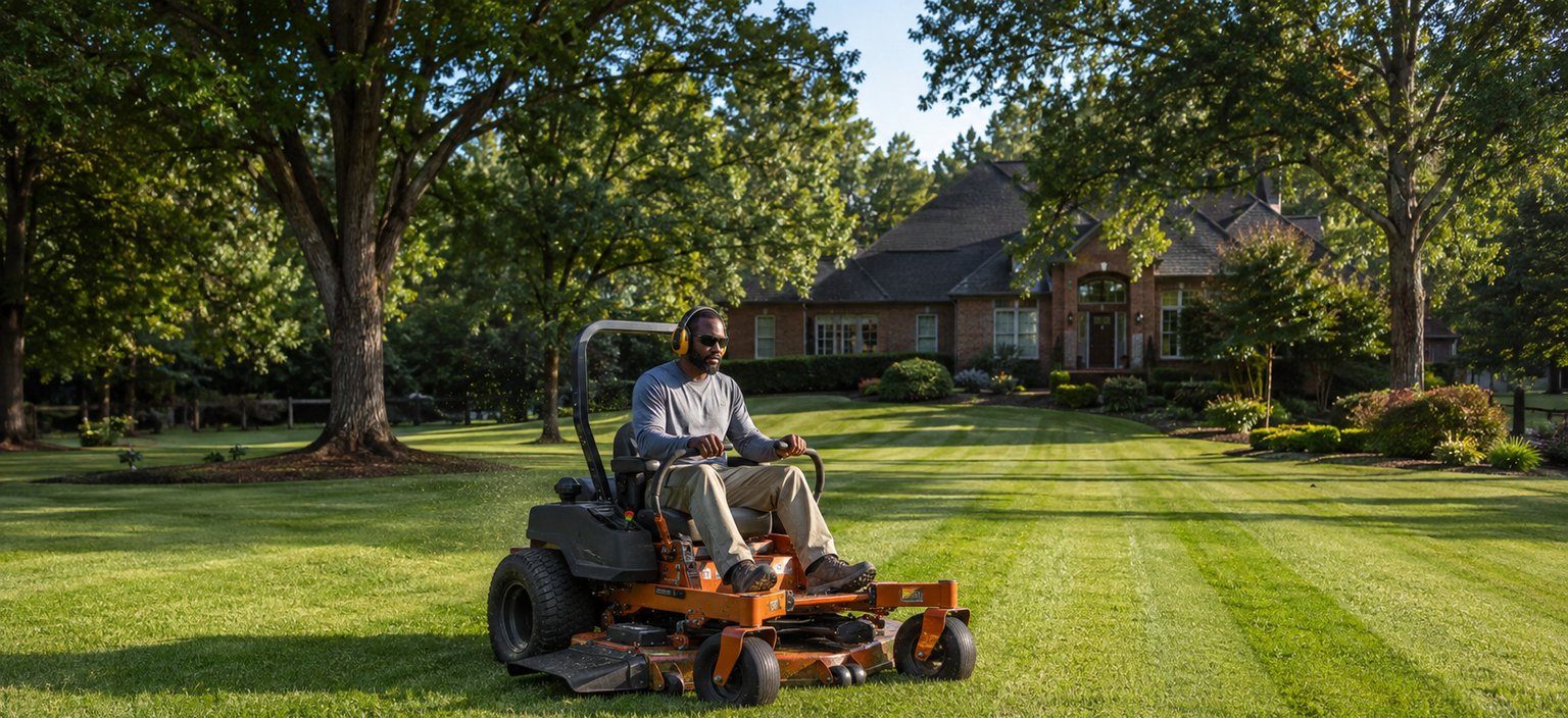An operator mowing a large lawn with a commercial zero-turn mower