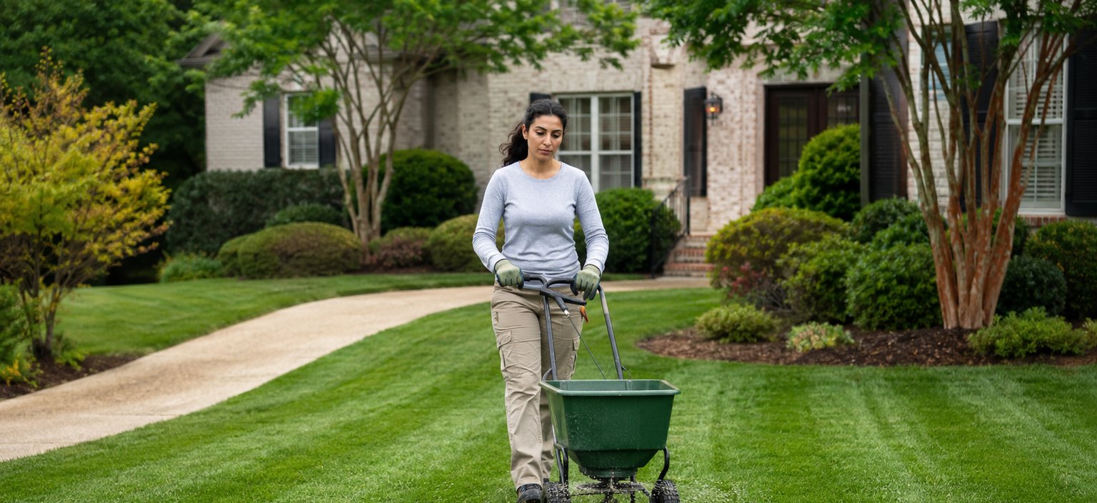 A person pushing a broadcast spreader across a lawn to apply granular product