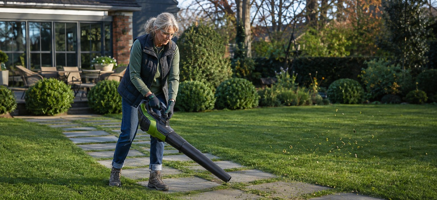 A person clearing grass clippings off a patio with a leaf blower