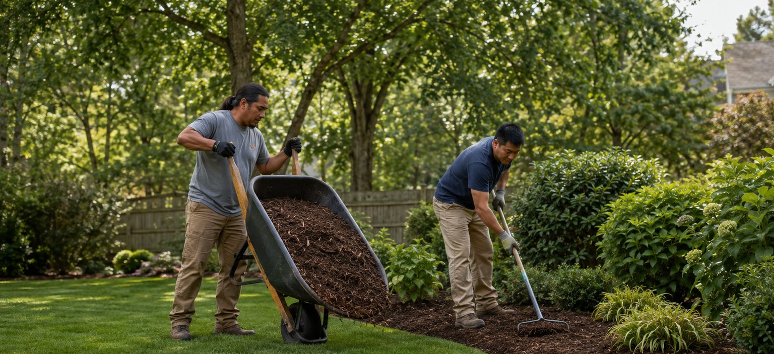 Two workers spreading mulch from a wheelbarrow into a landscape bed