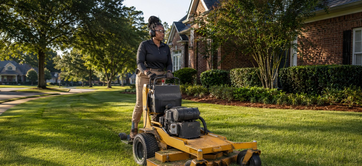 An operator on a stand-on commercial mower cutting a residential lawn