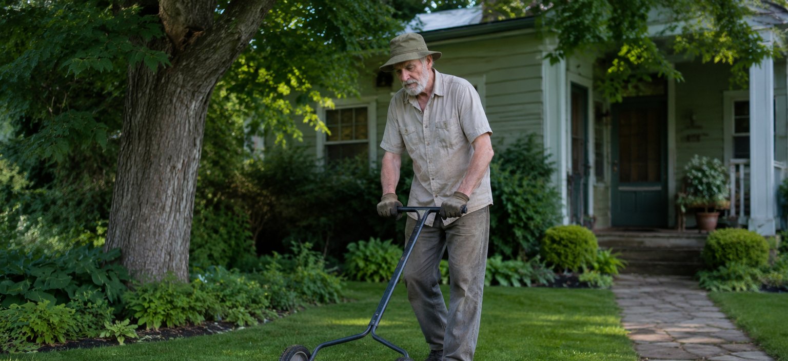 A person mowing with a manual reel mower under a shade tree